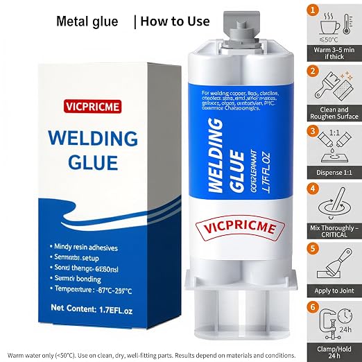 Metal Glue,Heavy Duty Repair for Metal, Plastic, Wood, Steel. 3 Pack | Heavy-duty liquid metal repair: cold-welding, high-temp resistant, high strength, drillable/sandable; sets 30 min, cures 24h.