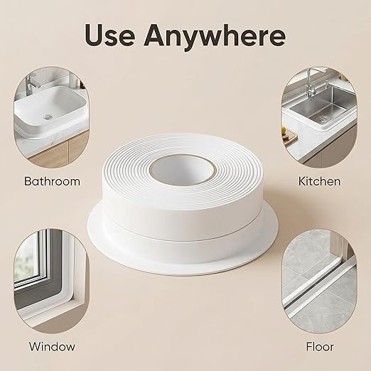 White Caulk Tape – Waterproof Sealant Strip for Bathroom, Shower, Bathtub, Kitchen Sink & Tile Gaps – Flexible, Paintable, Self-Adhesive, Long Lasting