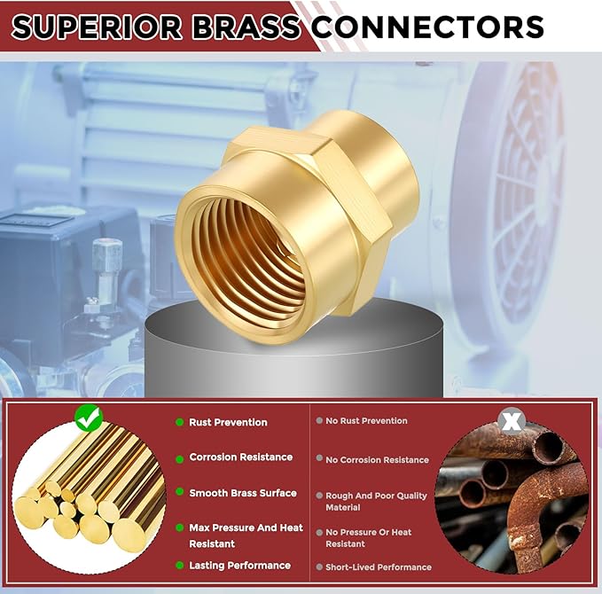 Pack of 6, 1/2" FeMale NPT to 3/8" FeMale NPT Solid Brass Pipe Fitting Coupler, Brass Coupling Hose Fittings Adapter for Pipe Leak Repair, Bathroom Remodeling, Tool Extensions