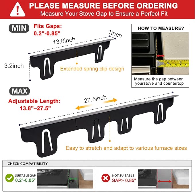 Stove Gap Covers Stainless Steel, Retractable Stove & Counter Gap Filler (13.8''–27.5''), Width 1'', Heat Resistant Metal Guard Between Stove and Countertop, Black