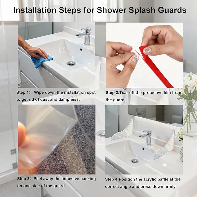 2PCS Shower Splash Guard for Bathtub Corner, Adhesive Clear Waterproof Shield, Removable Bathtub Water Guards Barrier Shower Water Guard to Keep Bathroom Floor Dry for Tub, Shower, Kitchen Sink