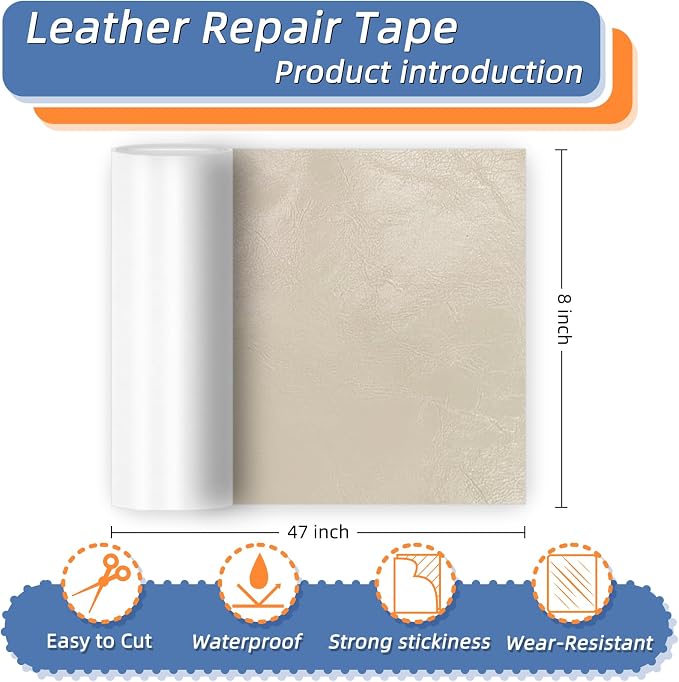 8x47 Inch Leather Repair Tape,Self Adhesive Leather Patches for Furniture,Vinyl Repair Kit for Couches,Bed,Car Seats,Chair (White)