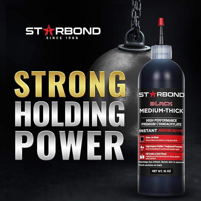Starbond Black Medium-Thick CA Glue Complete Refill Kit (16 oz) – Rubber-Toughened, Impact-Resistant Cyanoacrylate Super Glue – for Knot Filling, Crack Repair, Woodworking, Guitar, Hobby & RC Projects