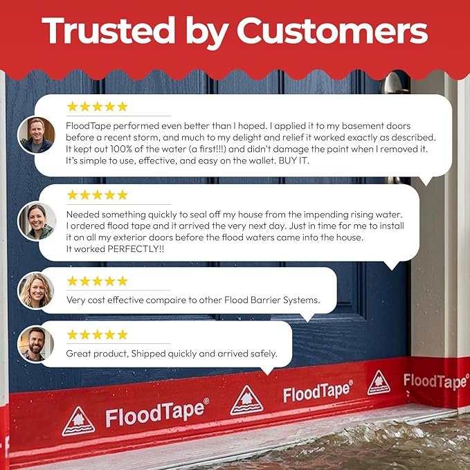 FloodTape® Waterproof Adhesive Tape – 8 inches Extra Wide x 20 feet Long Roll - Temporary Flood and Snow/Ice Water Barrier for Doors & Windows – Double-Sided, No Residue, No Damage, Easy Installation