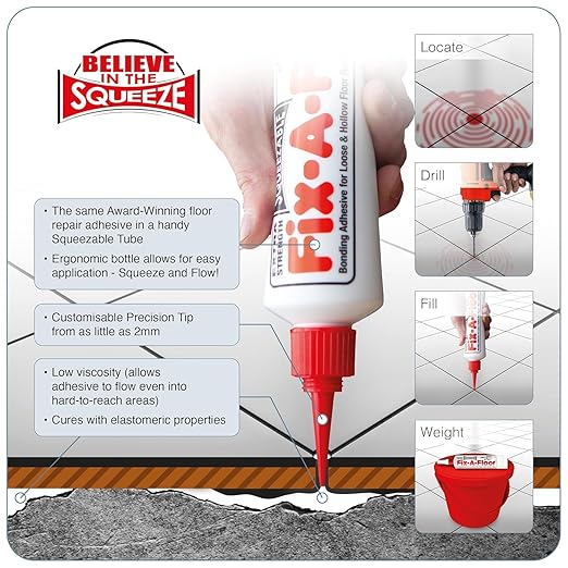 Pack of 2 - The Original Fix-A-Floor Squeezy All-in-One Repair Adhesive for Loose, Hollow, Creaky Tiles & Wood. Just Drill & Fill! Easy Squeezy! Made in The USA!