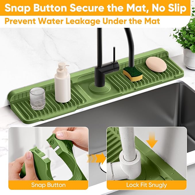 24'' Longer Faucet Mat for Kitchen Sink Splash Guard[7° Slope Fast Self-draining][Snap Lock Fit] Kitchen Sink Faucet Mat Splash Guard Kitchen Sink Area Water Splash Guard Behind Faucet Draining Mat