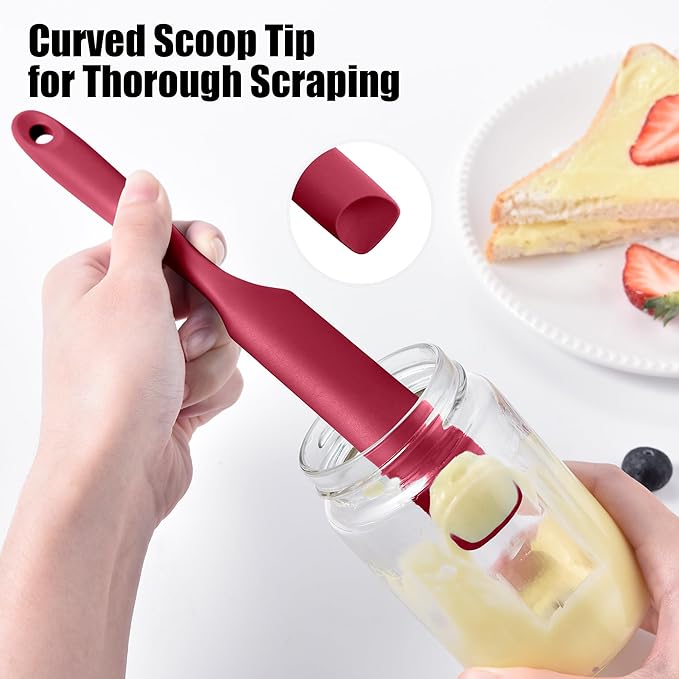 Doosu Silicone Jar Scraper Spatula, 600°F Heat Resistant Rubber Scraping Tool for Jam Nut Butter Sourdough, Flexible Skinny Cream Spreader Long Slim Kitchen Spurtle for Jar Blender Bottle (Red)