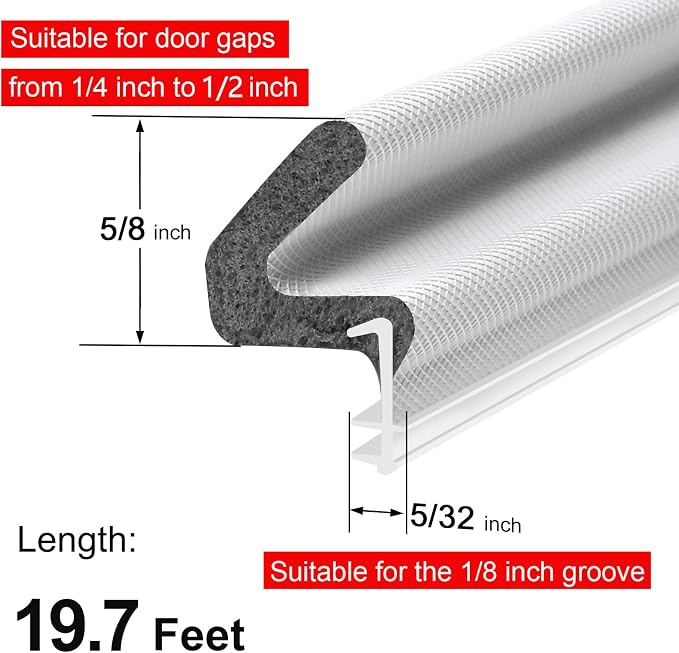19.7FT Kerf V‑Shaped Weather Stripping Door Seal, Press‑in Seal for Pre‑Cut Slot Doors, Not Self‑Adhesive, Soundproof Draft Blocker for Exterior Front Doors, Fits Large Gaps, Easy DIY Install (White)