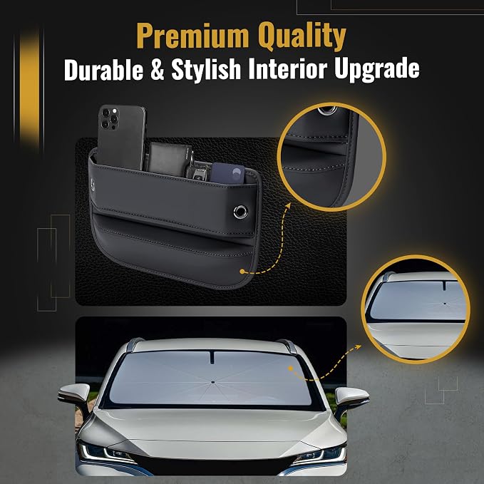Leather Car Seat Gap Filler - Car Organizer with Windshield Sun Shade Foldable Umbrella UV Protection - Universal Fit - Car Interior Accessories (Black)