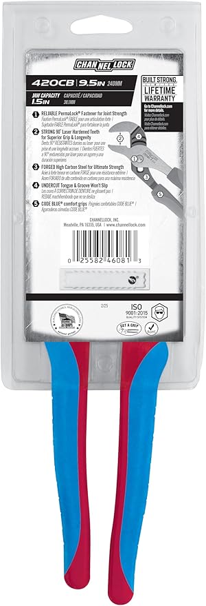 CHANNELLOCK 420CB 9.5-inch CODE BLUE Straight Jaw Tongue & Groove Pliers, Made in USA, Forged High Carbon Steel