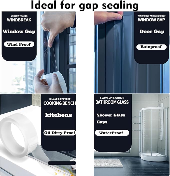 Qoqooice Transparent Window Weather Sealing Tape 3 Inch x 33 FT Weather Stripping Residue-Free Clear Window Insulation Tape for Doors Windows and Shower Glass Gaps (3 in * 33 FT)