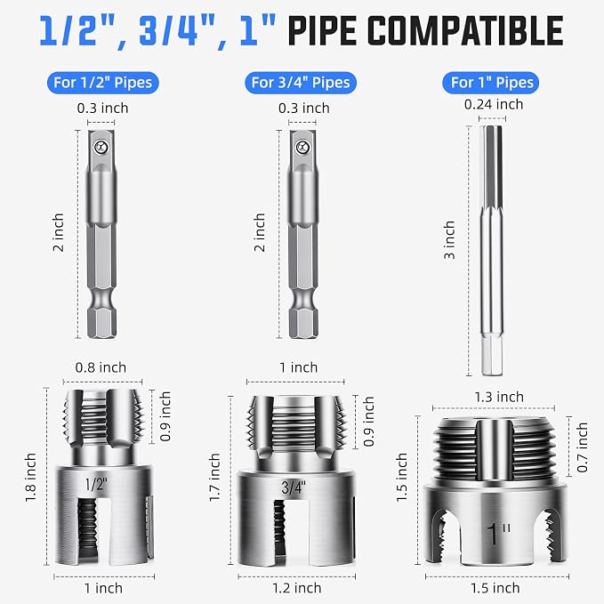 Valkynos 3PCS Internal & External Pipe Threading Tool, 1/2'' 3/4'' 1'' PVC Pipe Threader Kit with Storage Case, Heavy-Duty Alloy Steel, Electric Drill Compatible for Plumbing and Home Repair