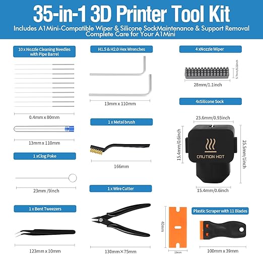 35Pcs 3D Printer Tool Kit Compatible with Bambu Lab A1 Mini - 4X Silicone Sock, 4X Nozzle Wiper, Clog Poke, Scraper, Flush Cutter & Tweezers for 3D Printer Maintenance, Cleaning & Removal