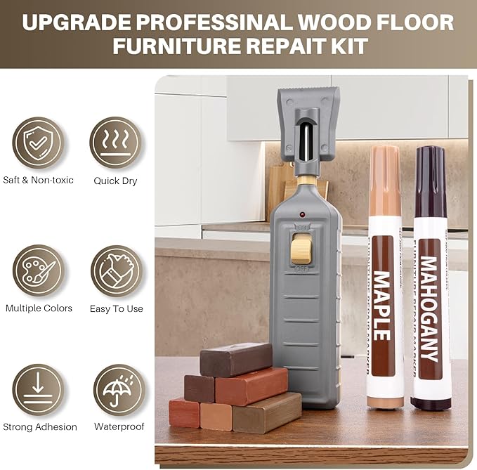 Laminate Floor Repair Kit with Heat Pen,Linoleum Repair Hard Wax 12 Color Wood Vinyl Floor Furniture Repair Kit Touch Up Marker Cover Scratches, Stains, Cracks, Holes for Door, Cabinet, Table