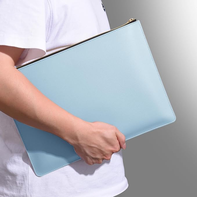PU Leather A4 File Folder Zipper Document Holder Envelope Folder Case for Receipt Contract (1, Light Blue)