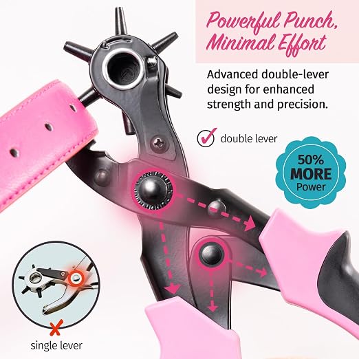 Pro-Master Belt Hole Puncher for Leather - Leather Punch Tool - 6 Multi-Size Rotary Heads 2-4.5mm - Double Leverage for Small Hands - Ideal for Watch Straps, Fabric, DIY Crafts - Crafting Kit - Pink