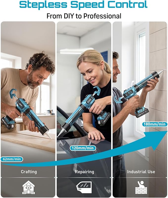 SEESII Electric Caulk Gun, Cordless Caulking gun w/2 x 2.0Ah Batteries, Battery Power Caulking Gun with Brushless Motor & LED Light, Filling and Sealing for Doors Floors Walls Window, 10 Oz