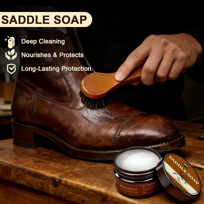 Leather Care Kit – Includes 3.52oz Saddle Soap, 3.52oz Leather Oil, 2 Horsehair Brushes, Cloth & Sponge – Complete Leather Cleaning, Polishing & Conditioning Set – Perfect Gift for Men & Women