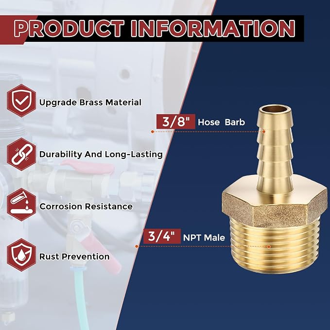 Pack of 8 Brass Hose Barb Fittings Adapter Connector 3/8" Hose Barb to 3/4" NPT Male Fittings for Home Machines, Massage Bathtubs, and Irrigation Systems