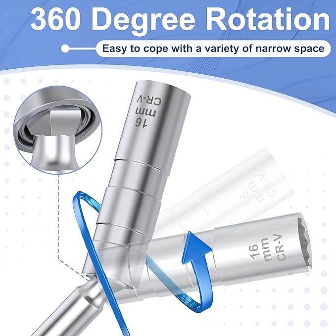 16mm Spark Plug Socket, Thin Wall 3/8" Drive Spark Plug Socket Removal Tool, 12 Point x 11.4" Total Length, 360 Degree Magnetic Swivel Spark Plugs Socket for Most Car Models