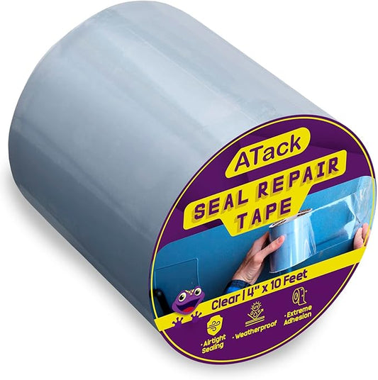 ATack Waterproof Patch and Seal Tape, Clear, 4 Inches x 10 Feet, Water Barrier Tape for Stop Leak Repair on Pipes, Chimney, Roof, Boat, and HVAC