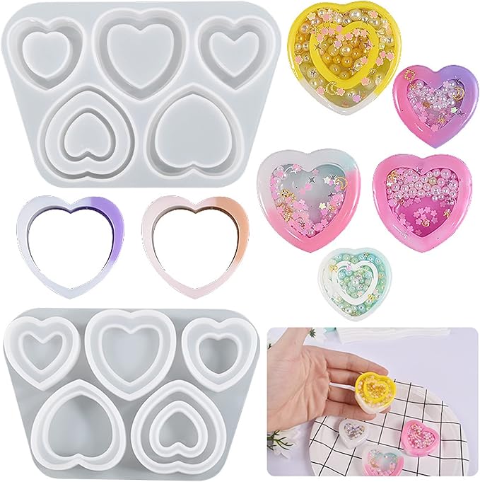 Resin Shaker Silicone Molds, Heart-Shaped Quicksand Silicone Molds Resin Casting Molds Epoxy with PVC Sheets and Colored Beads for Jewelry Making