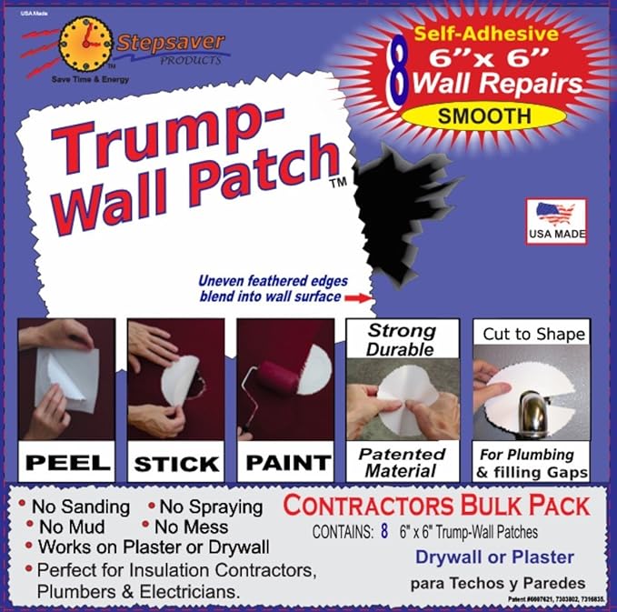 Stepsaver Products USA Made Self-Adhesive Trump Wall Repair Patch Kit Smooth (1) Pack with 8 Repair Patches for Door Knob Sized Holes and 8 Center Reinforcement Patches.