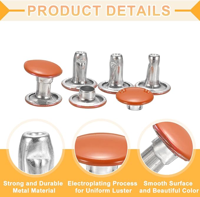 uxcell 120Set Leather Rivets, 8mm Double Cap Rivet Tubular Metal Studs Repairs Decoration Craft Accessories for Repair Decorate Leather Craft Belt Bag Shoes Purse Belts, Orange