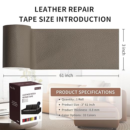 Leather Repair Patch Tape, Grey Brown 3 x 61 Inches Self Adhesive Leather Repair Kit for Furniture, Car Seat,Vinyl Leather Repair Kit for Office Chairs, Couch, Sofa, Luggage.