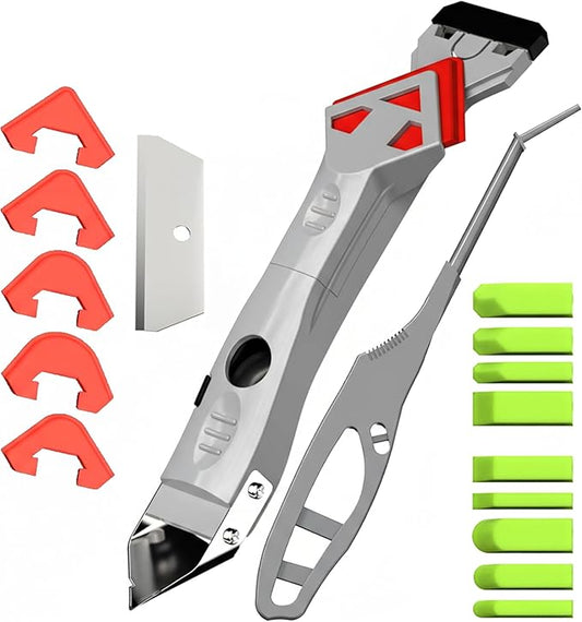 7 in 1 Caulking Tool with 5 Silicone Pads and 10pcs Caulking Tool Kit, Caulk Remover Tool with Replacement Blades and Unclogging Needle, Caulking Removal Tool for Kitchen Bathroom and Window