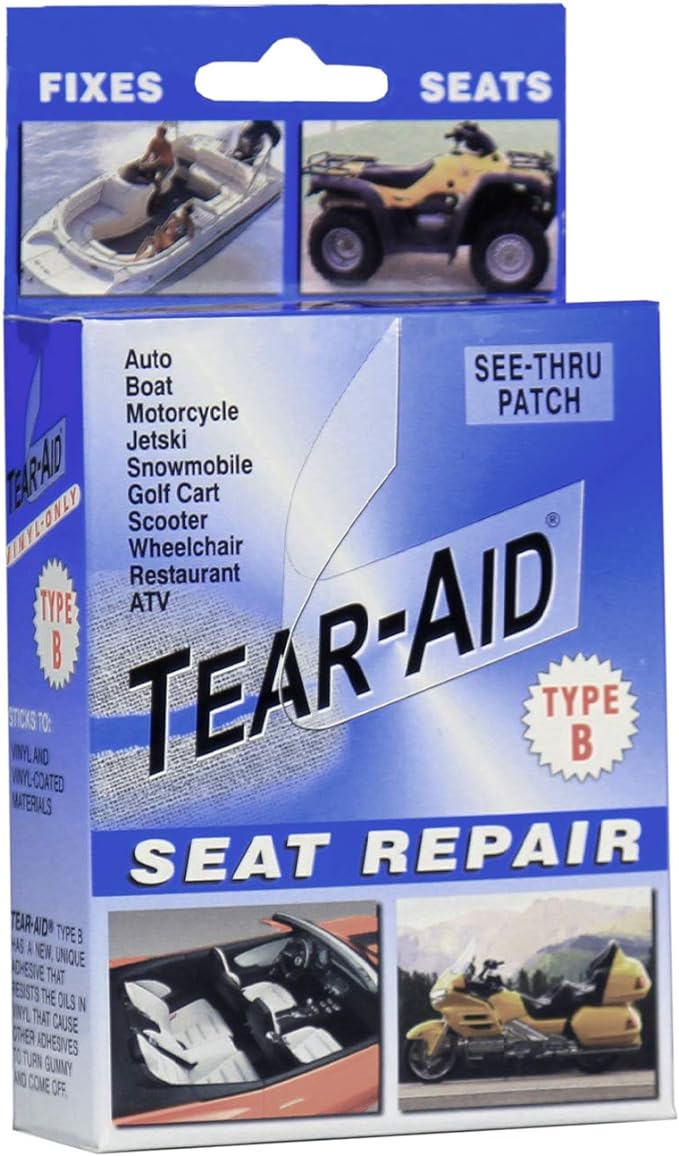 Tear-Aid Vinyl Seat Repair Kit, Type B Clear Patch for Vinyl and Vinyl-Coated Materials, Works On Cars, Motorcycles, Jetski, Boats & More, Blue Box