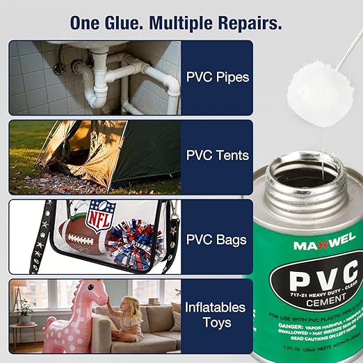 PVC Cement Pipe Glue – Fast Dry Plumbing Solvent Weld Waterproof Clear Finish for PVC Pipe, Vinyl & Inflatable Repair 4.2 fl oz Leak Proof Can