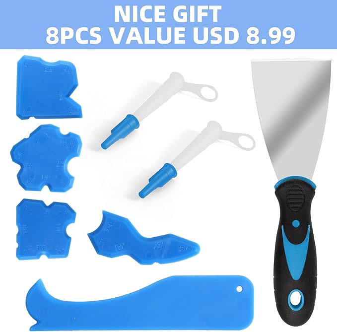 Professional Caulk Guns, Heavy Duty Caulking Gun,Thrust Ratio 14:1,No-drip Rotating Barrel,10OZ Silicone Sealant gun, Come with Putty Knife,Caulk Finishing,Smoothing&Grout Removal Tool Kit