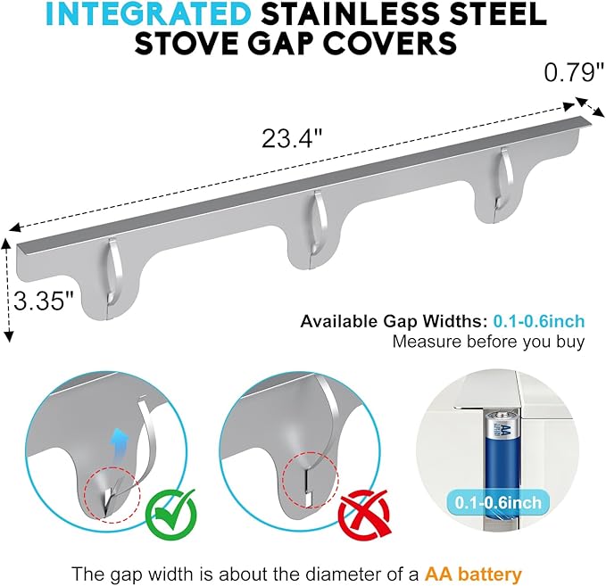 Stove Gap Covers - 2 Pack Stainless Steel Stove Gap Filler, Heat Resistant Oven Gap Filler - Length 23.4" Width 0.79", Spring Clip Design Non-Slip Stove Guard Between Stove Top & Counter - Silver