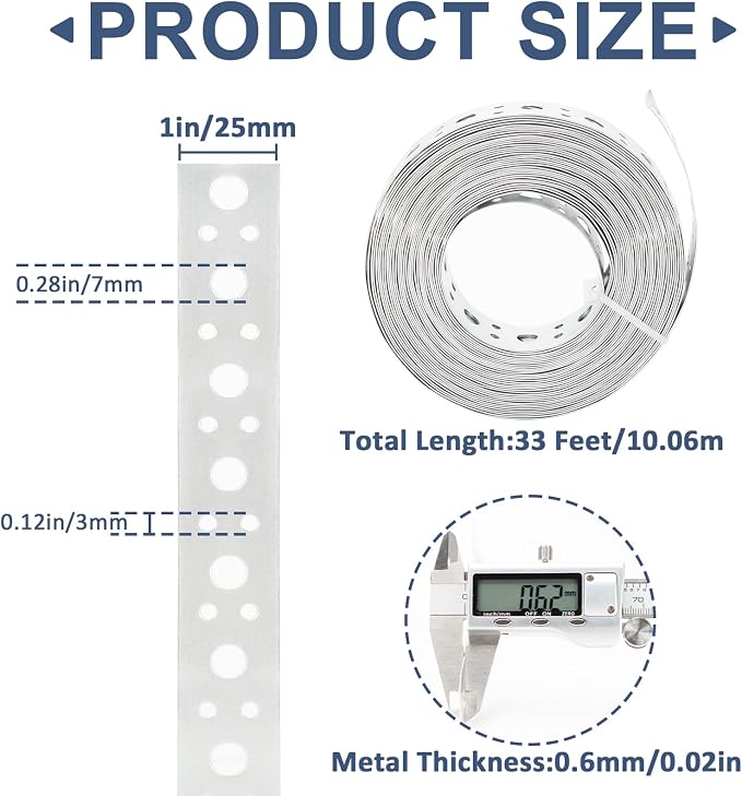 Galvanized Metal Pipe Strap 1-Inch x 33FT 0.6mm Thickness for Pipe Support Pipe Hanger Strap Metal Strapping with Holes