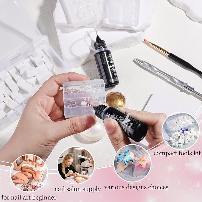 Fcozpjk 3D Gel Nail Art for Nails Starter Kit: 15ML Clear and White 3D Sculpting Gel with 3PCS Silicone Flowers Nail Charm Molds Gold Silver Chrome Powder Ombre Sponges Salon Supplies DIY Manicure
