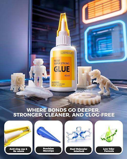 Super Glue for Plastic, PLA, ABS, PETG, PC, ASA, Acrylic, PVC, Fast Drying Clear Gel CA Adhesive for 3D Prints, Model Kits, RC Parts & Repairs with 6 Precision Tips, 40ml