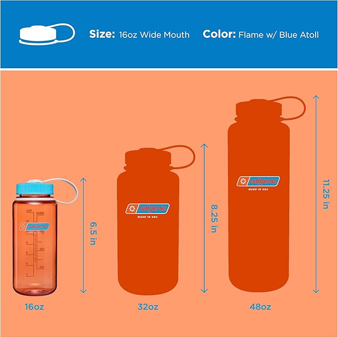 Nalgene 16 oz Wide Mouth Water Bottle | Slim Cup Holder Size, BPA-Free, Durable & Leak Proof Travel Bottle – Thrill & Motion, Flame w/Blue Atoll