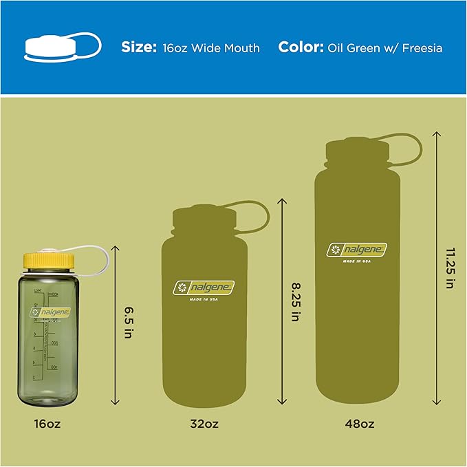 Nalgene 16 oz Wide Mouth Water Bottle | Slim Cup Holder Size, BPA-Free, Durable & Leak Proof Travel Bottle – Thrill & Motion, Oil Green w/Freesia
