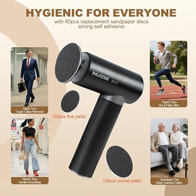 Premium Electric Foot Callus Remover, Ergonomic T-Grip 2600mAh Rechargeable 3 Speeds All Metal Foot File for Dead Skin Cracked Heels Pedicure Tool at Home with 60pcs Replacement Pads (Black)