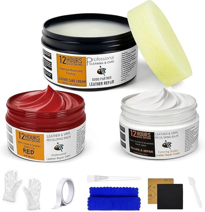 12H Quick-Dry Leather Repair Kit with 3.53Oz Red Leather Recoloring Balm, Filler & 4.23Oz Care Cream, 3-in-1 Vinyl Repair Set for Sofa, Car Seats, Jackets, Purses, Shoes, Faux Leather and More