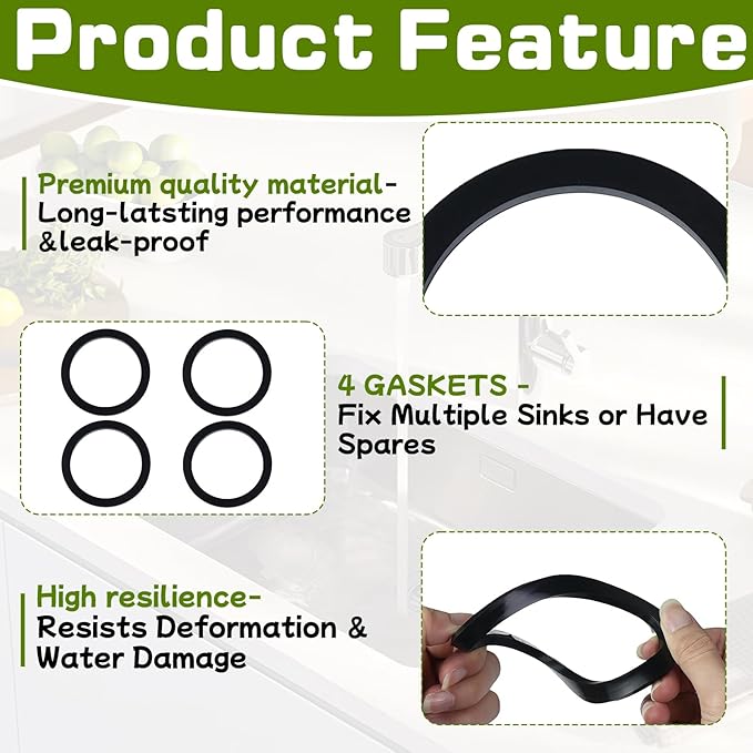 GIDDS-710001 Sink Gasket with Adhesive, No Putty Sink Gasket 3-3/8" (4 Pack), Self-Adhesive Kitchen Sink Drain Seal Replacement Fits All Standard Drain Attachments, Durable Leak-Free Rubber Gasket