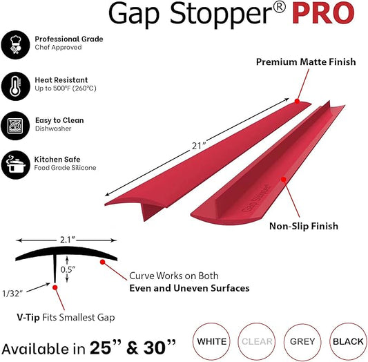 Gap Stopper® Pro - 21" Red, Professional Grade, FDA Heavy 8.6 oz Silicone, Set of 2, Covers Gap between Stove & Countertops