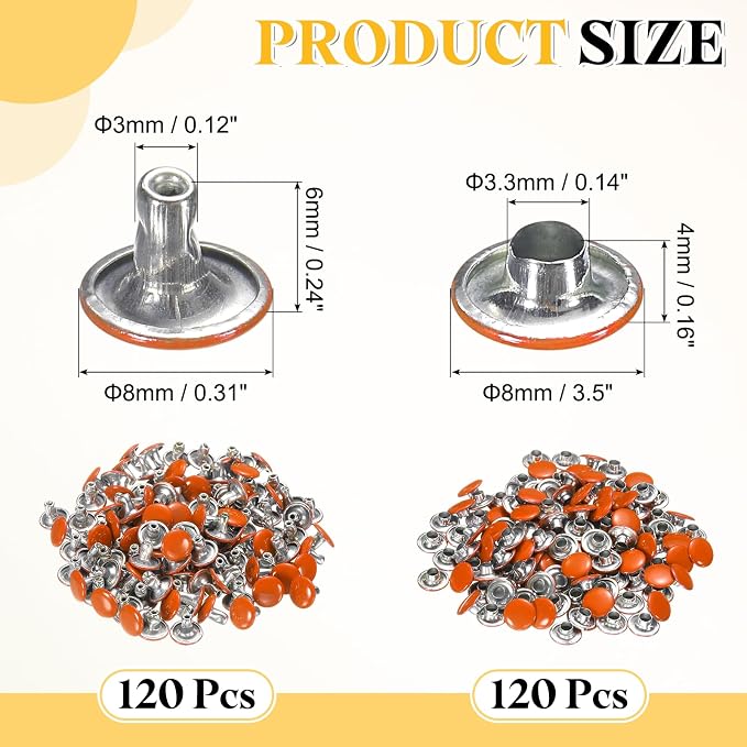 uxcell 120 Sets Leather Rivets, 8mm Double Cap Rivets, 6mm Height Tubular Metal Studs for Leather Craft Repair and Decoration DIY Clothes, Shoes, Bags, Belts, Orange