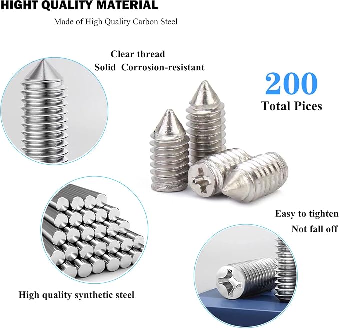 200 pcs Nickel Plated Tip Screws Pointed Cross Slot Leather Accessories 10 Sizes Belt Screws Include M2*3-M2*8, M2.5 * 3-M2.5 * 8, M3*4-M3*10 with 2mm Screwdriver for Belt Buckle Wallet Handbag Purse