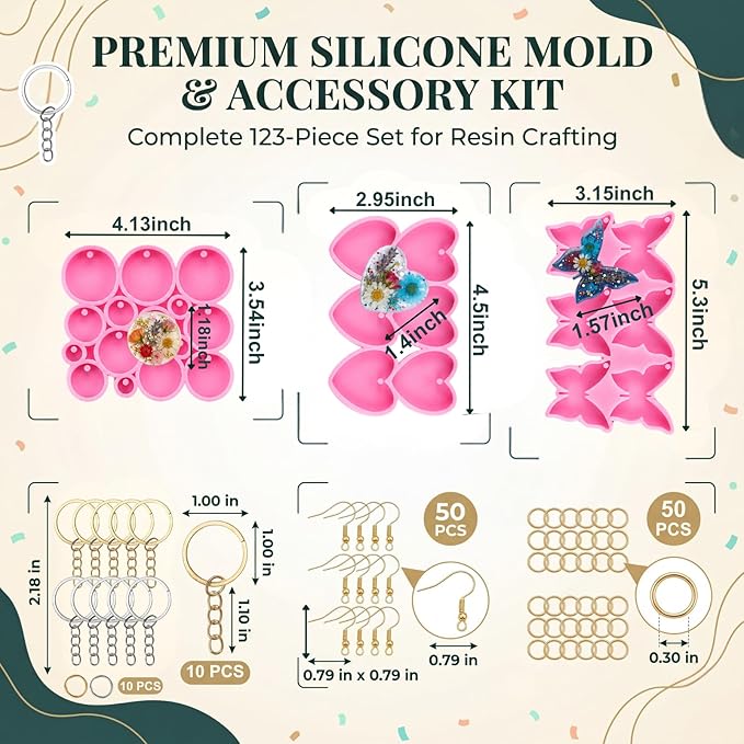 Resin Molds Silicone Kit, Epoxy Casting Keychain Molds with Circle Heart Butterfly Shapes, DIY Jewelry Making Supplies with Keyrings and Ear Hooks for Crafts