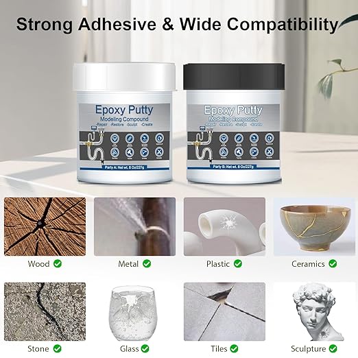 Grey Metal Epoxy Putty for Repair, 2 Part 16Oz Wood Filler Fast Repair Pool Putty for Leaks Underwater Self-Hardening Clay for Metal, Wood, Tile, Plastic, Ceramics AB Epoxy Clay for Sculpting
