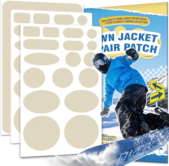 35Pcs Down Jacket Repair Patch Kit Pre-Cut Nylon Patches for Clothes Self-Adhesive Fabric Tape Waterproof Lightweight Outdoor Gear Tenacious Repair Tape for Puffer Jacket Coat Tent Backpack(Apricot)