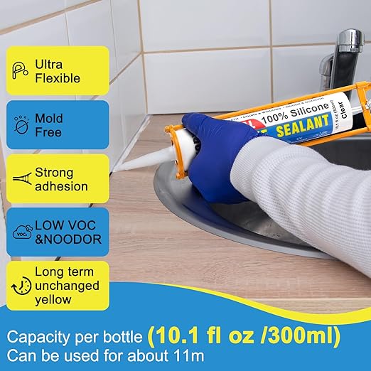 Silicone Caulk & Sealant Clear, 6 Pack - 100% Waterproof Silicone Sealant, Silicone Caulking for Kitchen and Bathroom, Toilet, Sink, Window ＆ Door Use, Shrink & Crack Proof (10.1 FL.OZ/300ml)