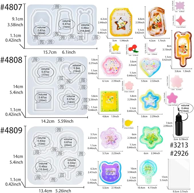 Resin Shaker Molds Set Kawaii Keychain Charms Pack of 9 Epoxy Silicone Trays Precision Tip Applicator Bottle Kit Bundle
